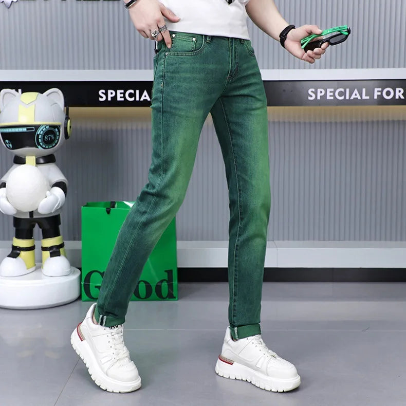 Emerald green jeans men's high-end affordable luxury fashion slim fit stretch personality all-matching straight long pants