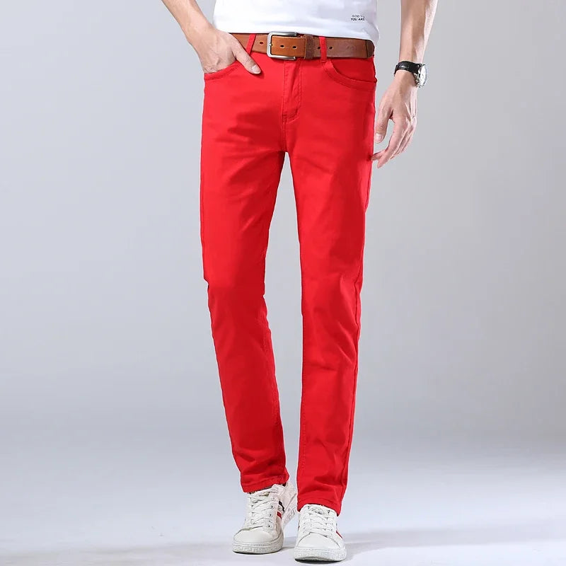 2024 Autumn New Men's Stretch Fit Jeans Bright Trendy Denim Straight-leg Trousers Male Red Lake Blue Yellow Trousers