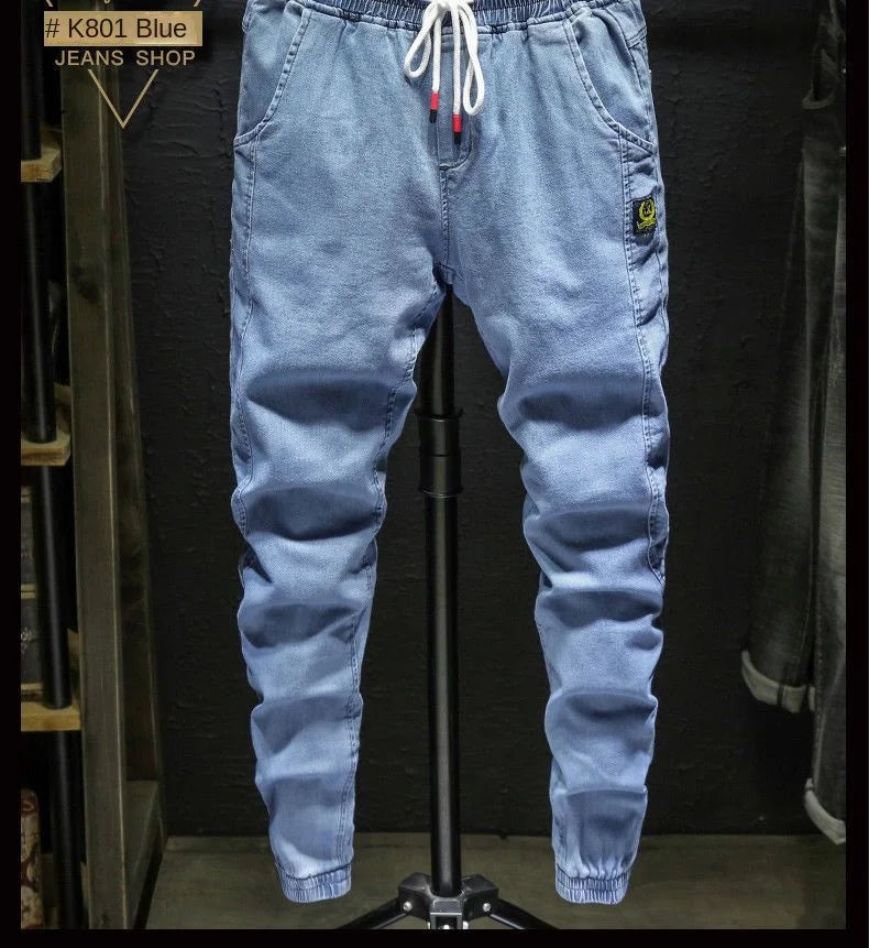 New Summer 2023 Drawstring Thin Luxury Men's Work Jeans Korean Style Clothes Streetwear Punk Casual Harem Jogger Denim Pants