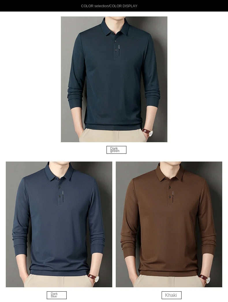 2024 Autumn New Men's Long-sleeved Polo Shirt Business Casual Slim Elastic Top Fashion Classic Solid Color Male Brand Tees