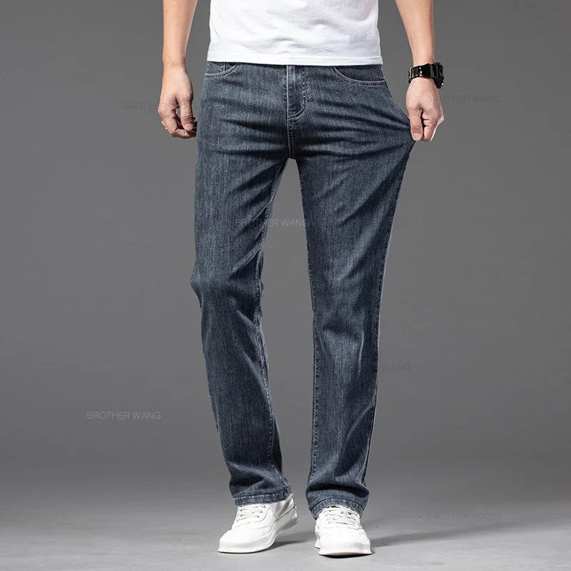 2024 Summer New Men's Thin Jeans Elastic Waist Loose Straight Comfortable Casual Denim Pants Brand Trousers Plus Size 42 44 46