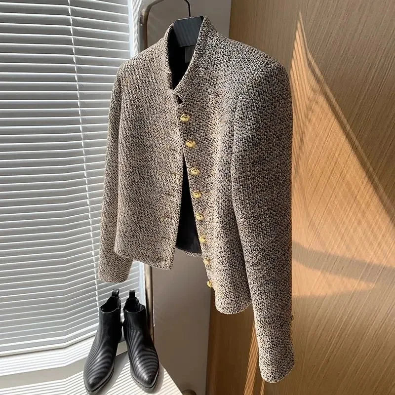 2024 Tweed Korea High Quality Short tweed jacket woman Korean Clothes Single-breasted  Lady Blazer All-match Casual Coat Tops