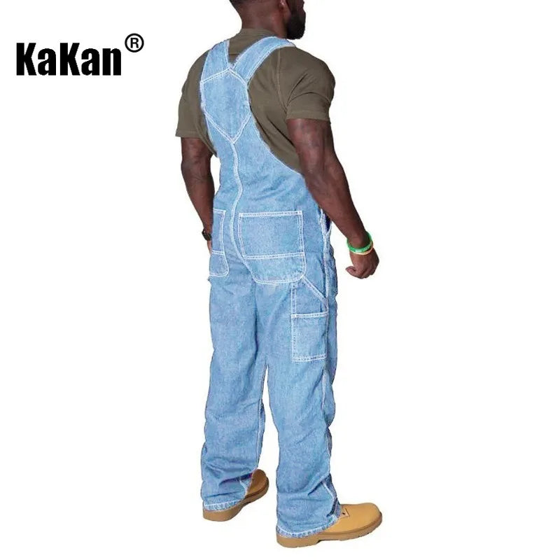 Kakan - New European and American Men's Shoulder Strap Jeans Men's Clothing, Blue Multi Pocket Torn Jumpsuit Long Jeans K34-722