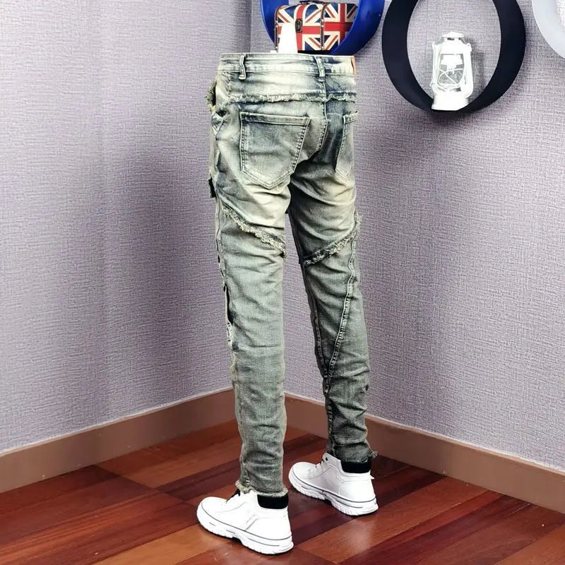 Autumn Winter 2022 New Broken Denim Jean Men's Patch Slim Feet Fashion Retro Cargo Pants Vintage Pantalon Skinny Homme Jeans