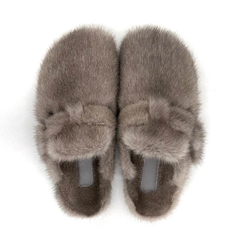 Real Leather Mink Fur Slippers Woman Luxury Flat Solid Color Horse Hair Round Toe Covered Toe Shoes Woman Designer Brand Casual