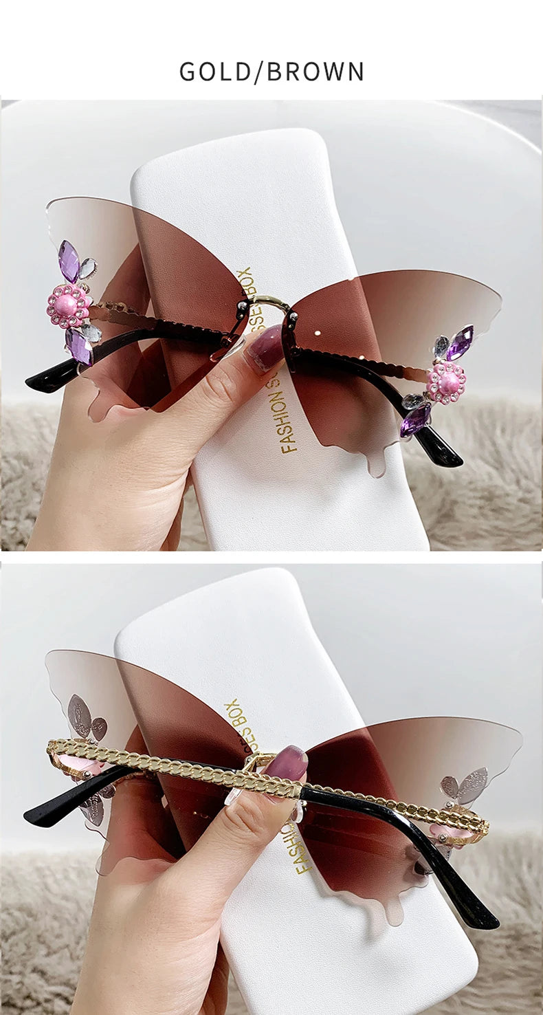 iboode Butterfly Shaped Sunglasses Diamond Frameless Sunglasses For Women Girl Exaggerat Frame Fashionable Retro Vintage Eyewear