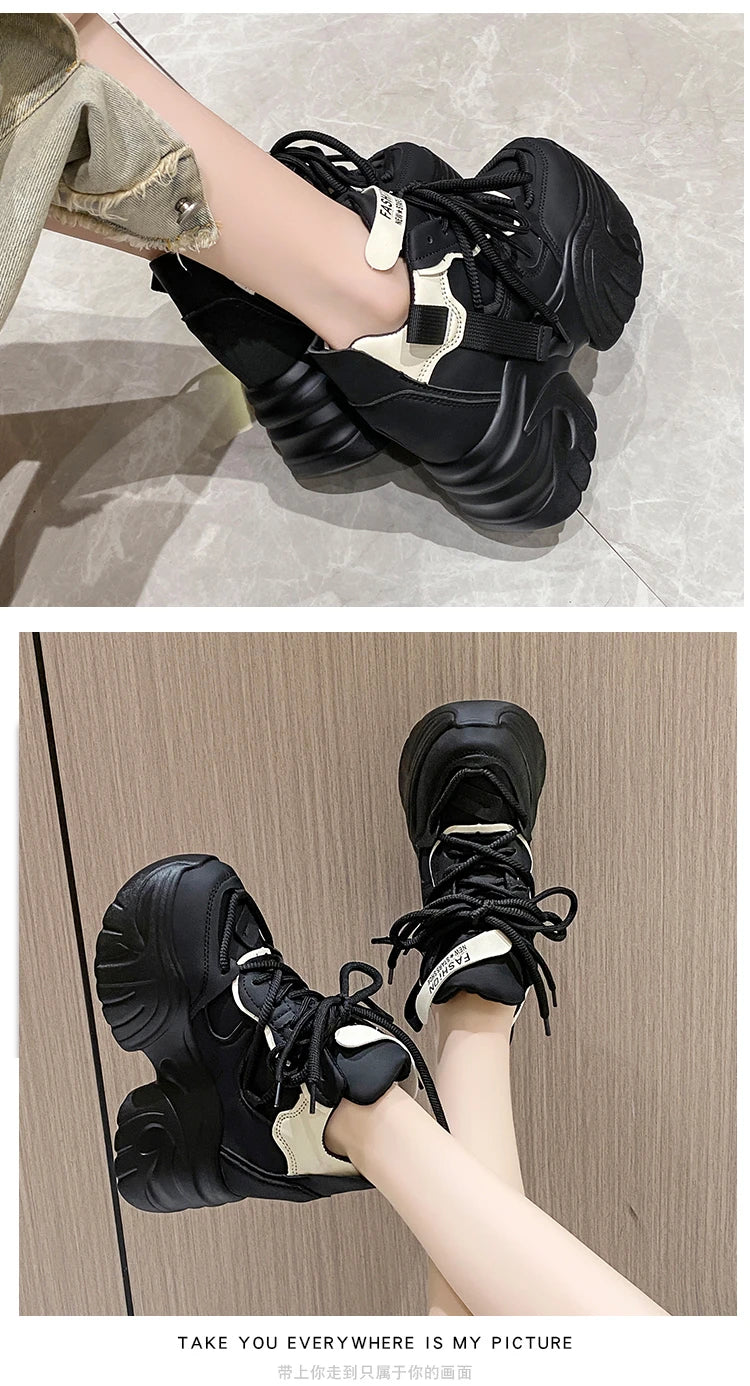 Women Walking Sneakers Autumn Lace-up High Platform Chunky Shoes Breathable Leather Shoes 10CM Winter Wedge Heels Casual Shoes