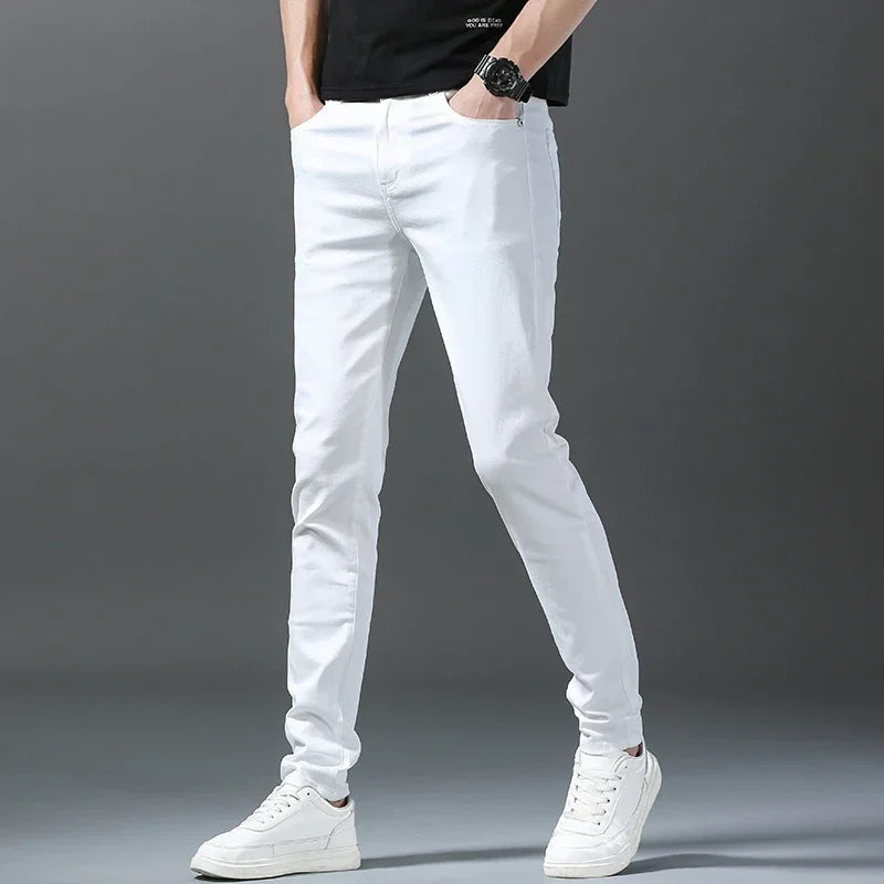 2024 Spring Summer New 98%Cotton Men's Slim Jeans Straight Casual Fashion Pencil Pants High Quality Trousers Male Clothes White