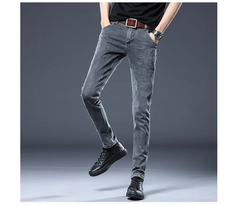 2024 New Gray Jeans Men's Slim Elastic Korean Fashion Vintage Casual Skinny Feet Male Clothing Denim Trousers 27-36