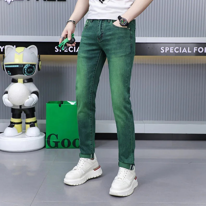 Emerald green jeans men's high-end affordable luxury fashion slim fit stretch personality all-matching straight long pants