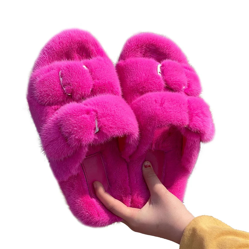 2024 New Women Fur Slippers Shoes Women Warm Winter Natural Fur Shoes For Women Slippers Casual Plush Comfortable Mink Slippers