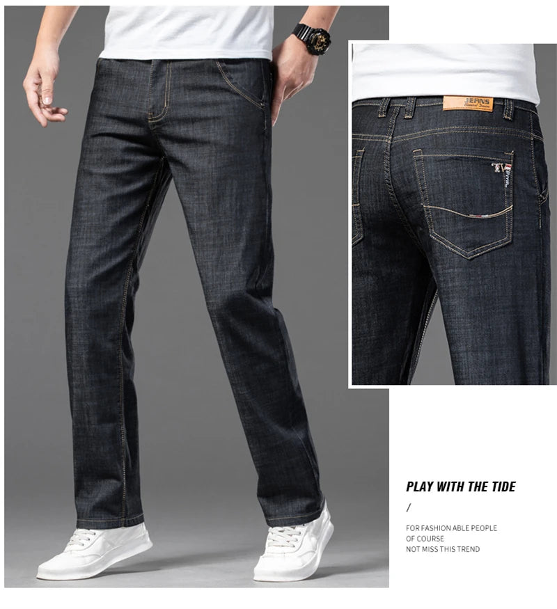 Large Size Men's Stretch Thin Jeans Summer Classic Black Blue Business Casual Straight Denim Pants Baggy Trousers 44 46