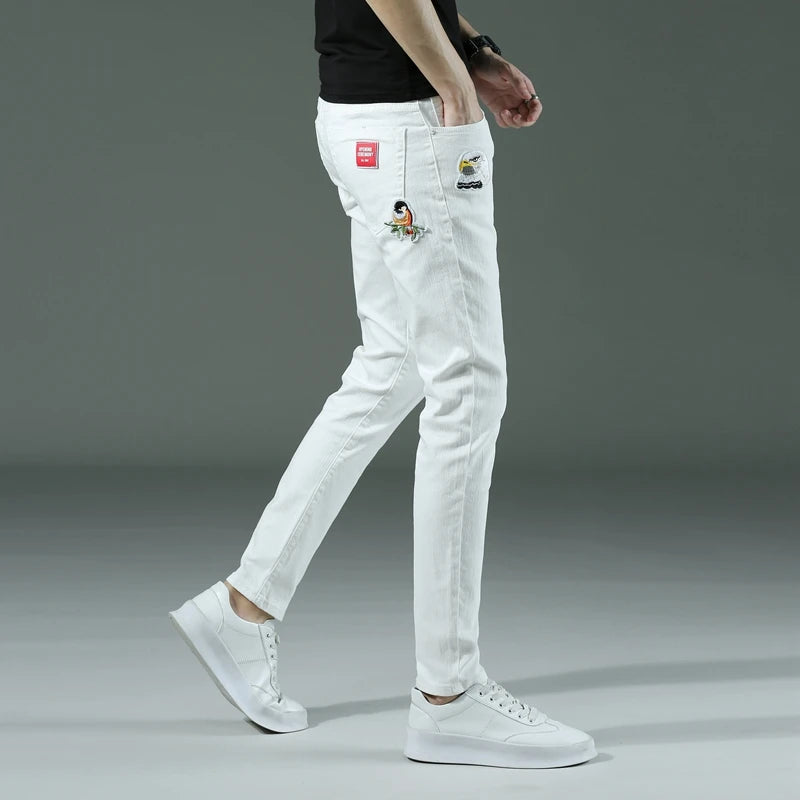 7 Styles 2022 New Men's White Slim Jeans Advanced Stretch Skinny Jeans Embroidery Decoration Denim Trousers Male Brand Clothes