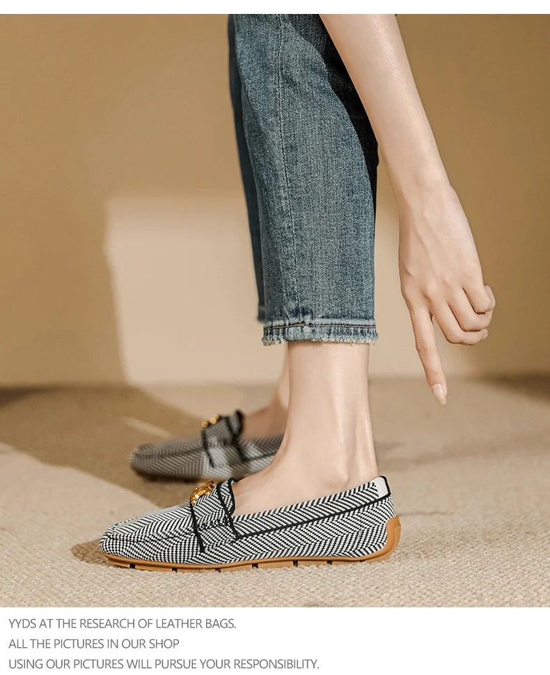 Women's Knitting Square Head Flat Shoes Soft Sole Comfortable Anti slip Casual Bean Causal Shoes 2024 Fashion New Spring