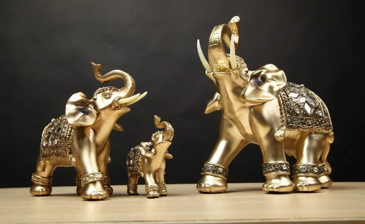 Golden Resin Elephant Statue Feng Shui Elegant Elephant Trunk Sculpture Lucky Wealth Figurine Crafts Ornaments For Home Decor