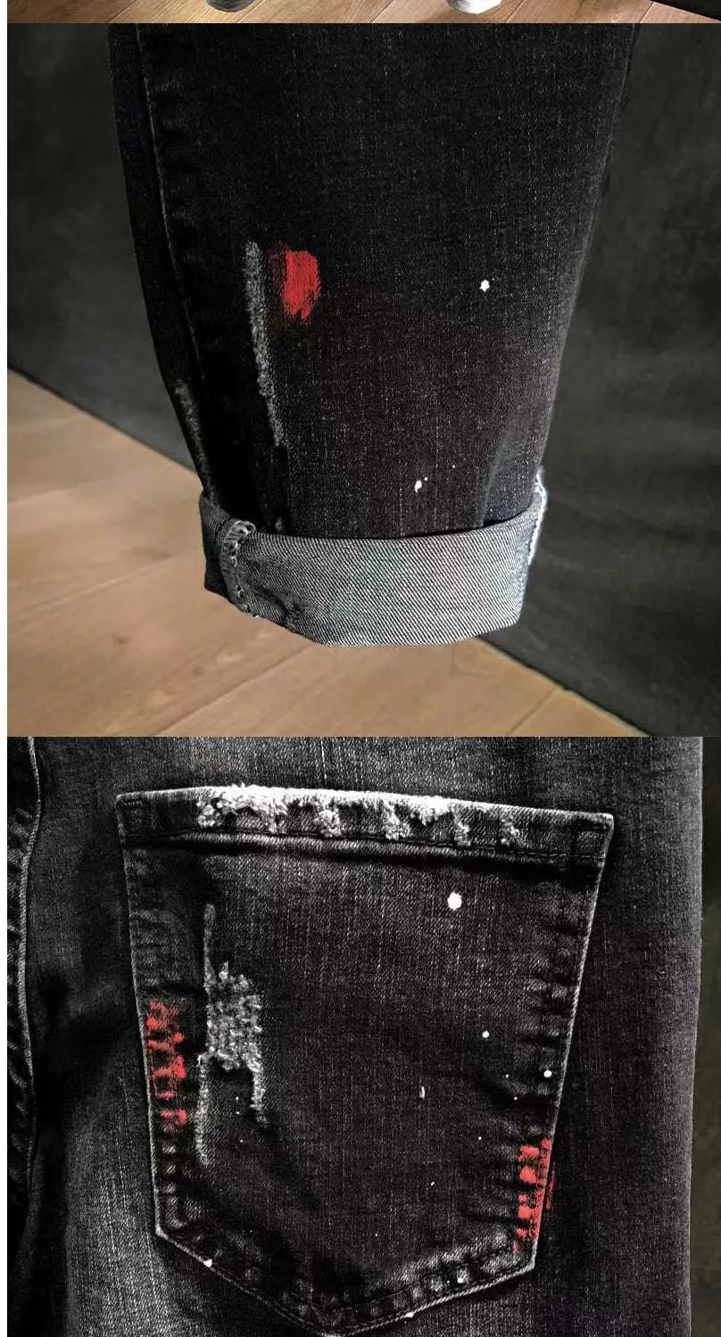 New 2023 Autumn Korean Style Work Ripped Hole Black Cowboy Hip Hop Dotting Ink Slim Jeans Men's Luxury Denim Pants for Men