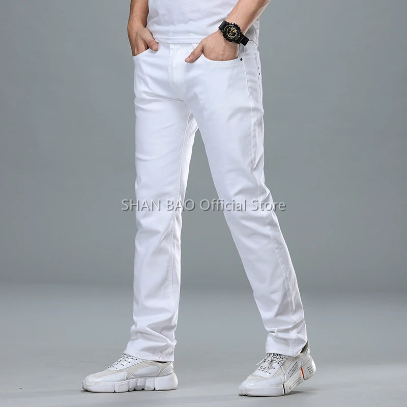 SHAN BAO Men's White Jeans 2022 Spring Summer Brand Clothing Cotton Elastic Comfortable Business Casual Lightweight Slim Jeans