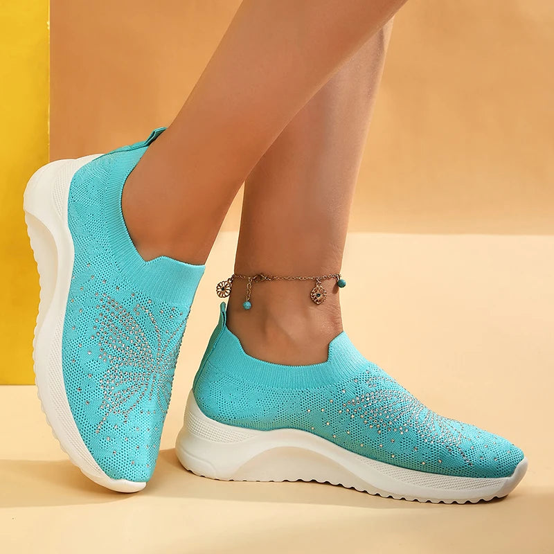 Rhinestone Butterfly Knitting Sneakers Women Platform Breathable Mesh Walking Shoes Woman Fashion Elastic Slip On Sock Sneakers