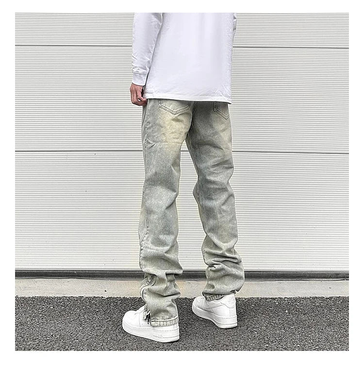 Streetwear Vibe Vintage Distressed Washed Trousers Jeans Yellow Mud Dyed Zipper Split Straight Jeans Men's and Women's Clothing