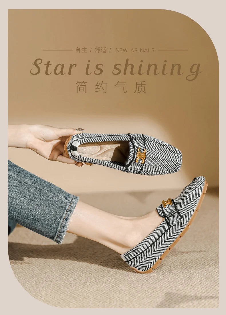 Women's Knitting Square Head Flat Shoes Soft Sole Comfortable Anti slip Casual Bean Causal Shoes 2024 Fashion New Spring