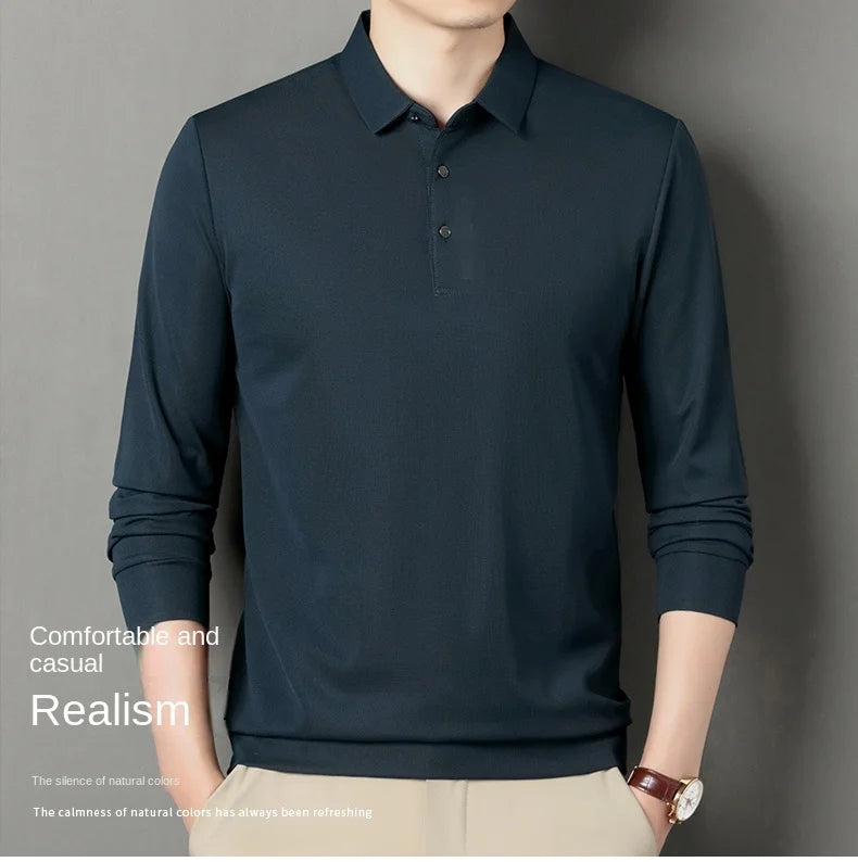 2024 Autumn New Men's Long-sleeved Polo Shirt Business Casual Slim Elastic Top Fashion Classic Solid Color Male Brand Tees