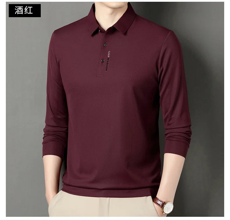 2024 Autumn New Men's Long-sleeved Polo Shirt Business Casual Slim Elastic Top Fashion Classic Solid Color Male Brand Tees