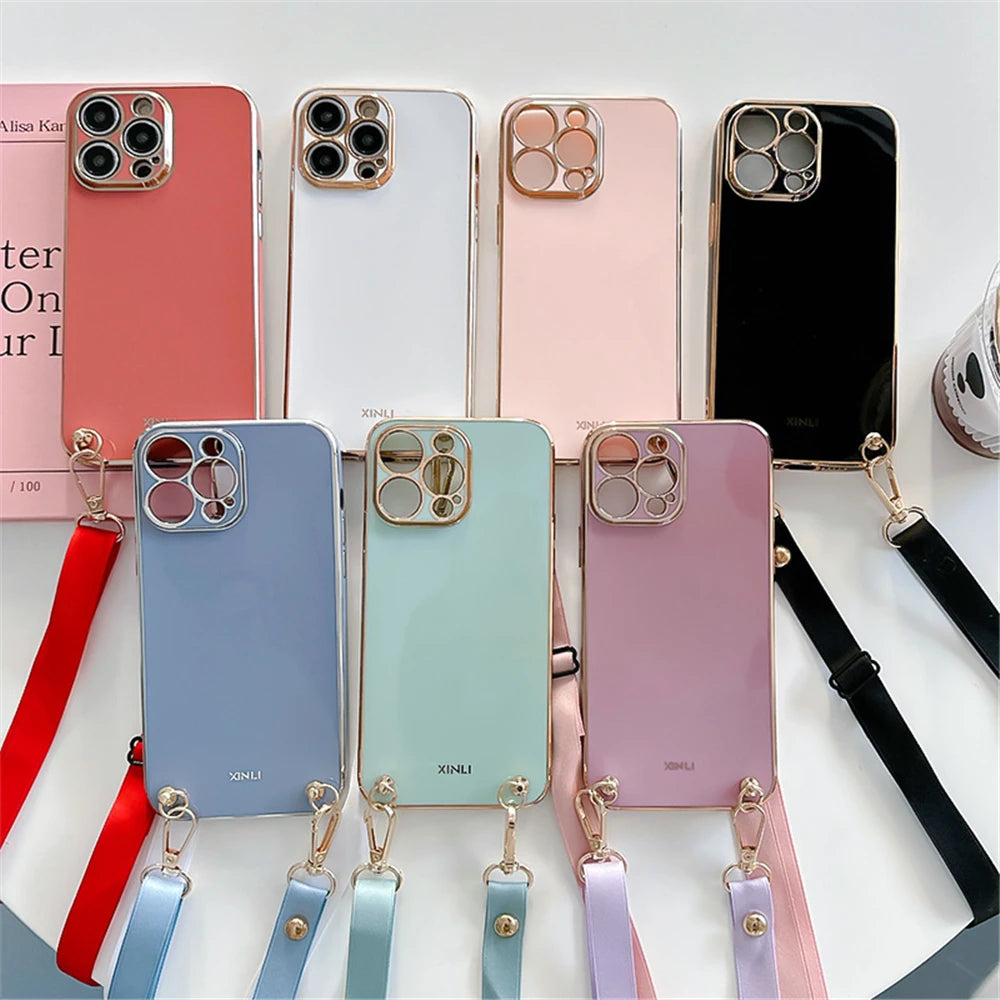 Crossbody Lanyard Plating Phone Case for Xiaomi Redmi 12 4G 12C 10C 10 10A 9C 9A 9T 9 8 8A A1 Plus Soft Silicon Strap Back Cover