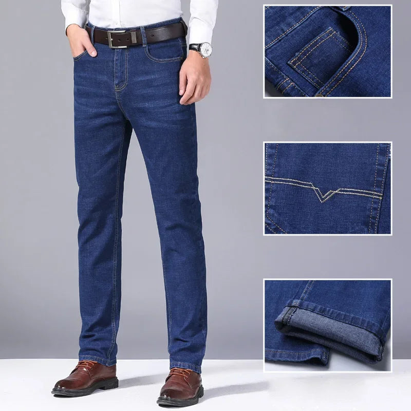 Summer Fashion Men Stretch Smart Business Jeans Classic Male Straight Regular Blue Black Denim Trousers Plus Size Brand Clothing