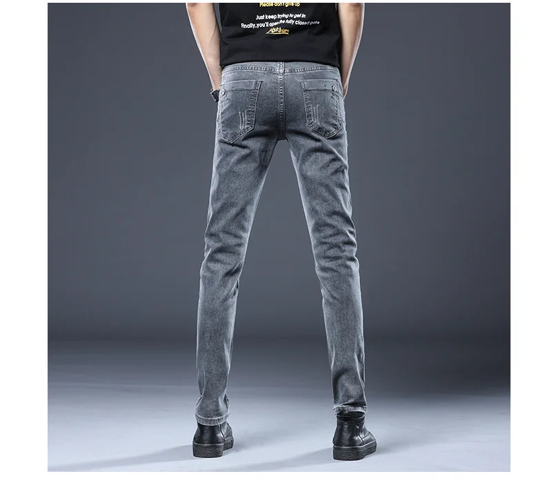 2024 New Gray Jeans Men's Slim Elastic Korean Fashion Vintage Casual Skinny Feet Male Clothing Denim Trousers 27-36