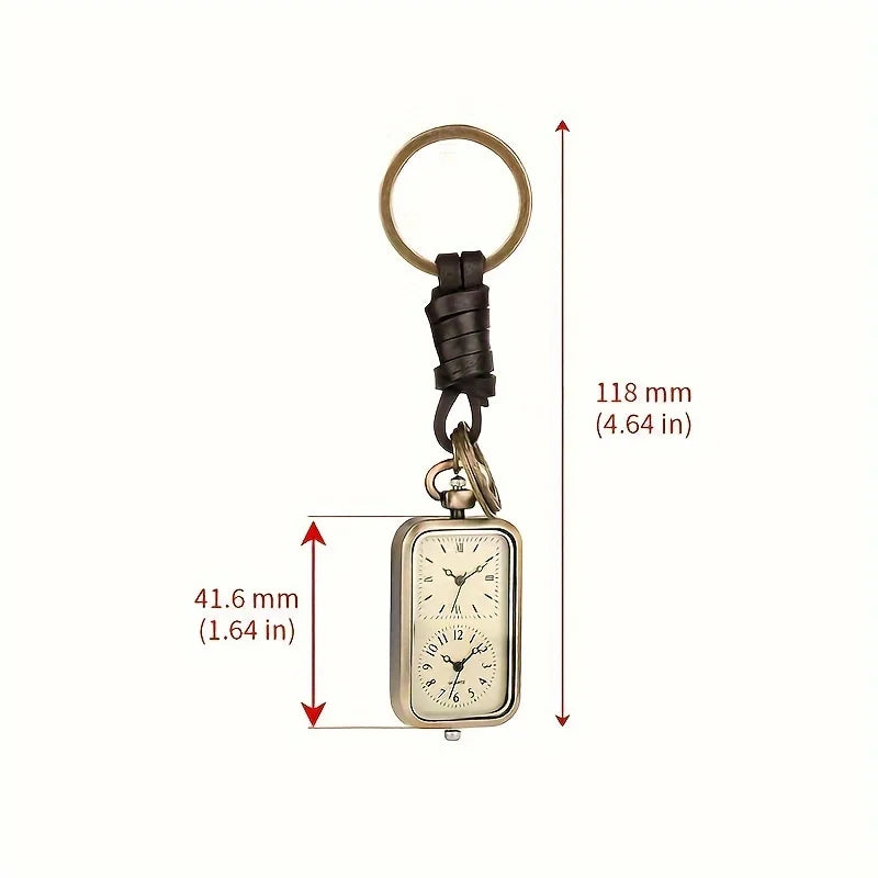 Bronze keychain pocket watch square retro double time movement quartz watch without cover antique style pendant