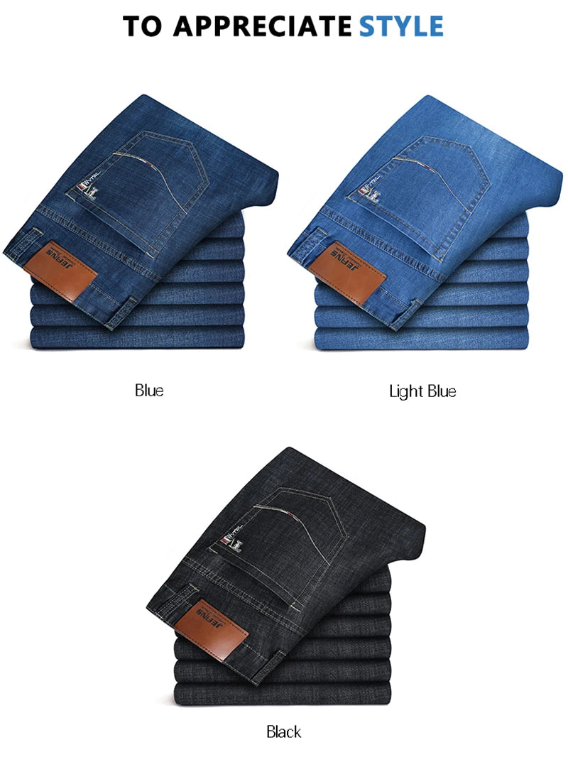 Large Size Men's Stretch Thin Jeans Summer Classic Black Blue Business Casual Straight Denim Pants Baggy Trousers 44 46