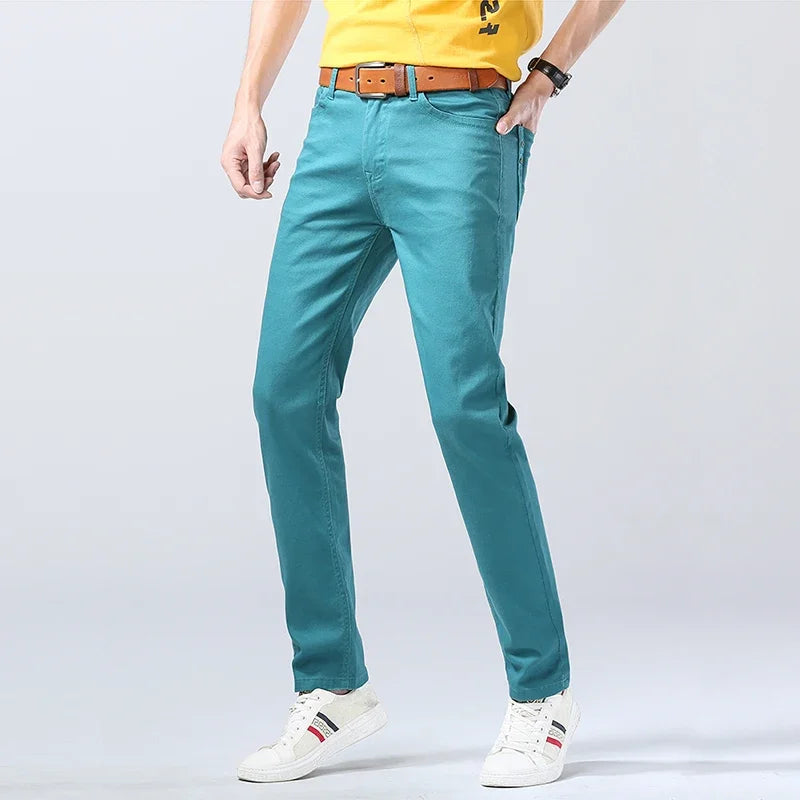 2024 Autumn New Men's Stretch Fit Jeans Bright Trendy Denim Straight-leg Trousers Male Red Lake Blue Yellow Trousers