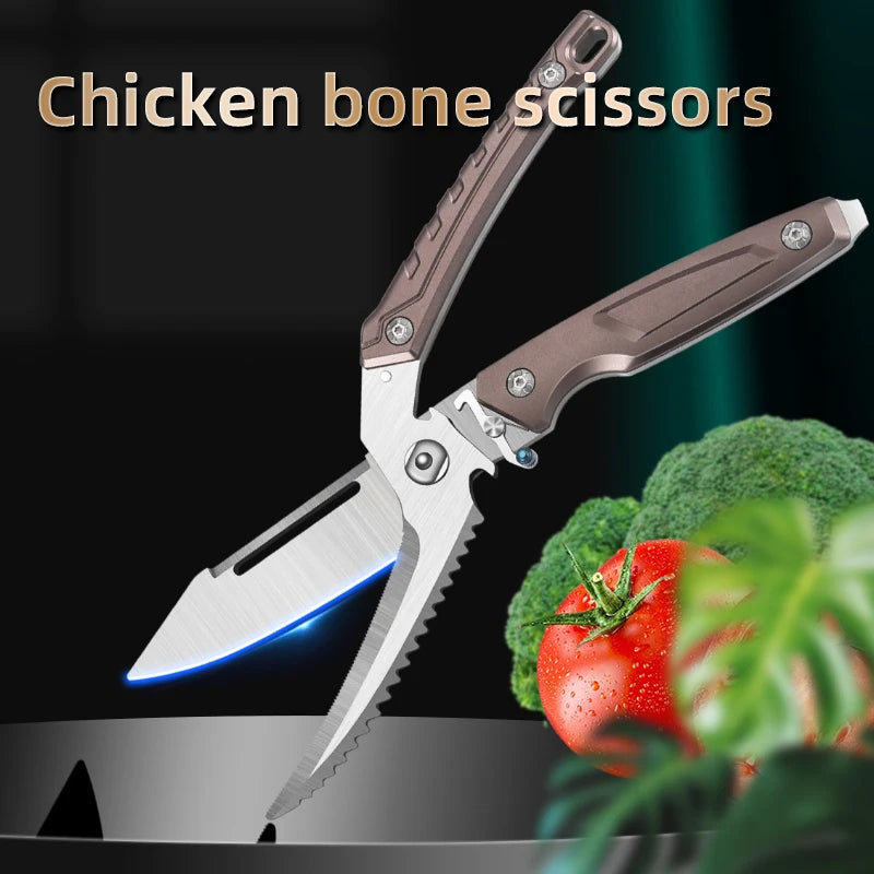 Stainless Steel Sharp Bone Breaking Scissors Kitchen Scissors Multifunctional Automatic Bouncing Powerful Chicken Bone Scissors