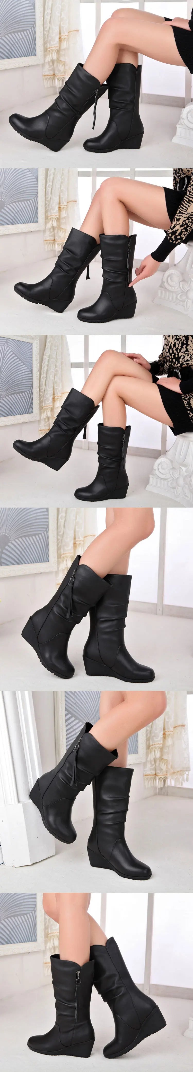 Winter Warm Fur  Boots Womens  Boots High Heels Side Zipper Female Shoes Black Woman Boots Shoes Wedge Boots Shose Women