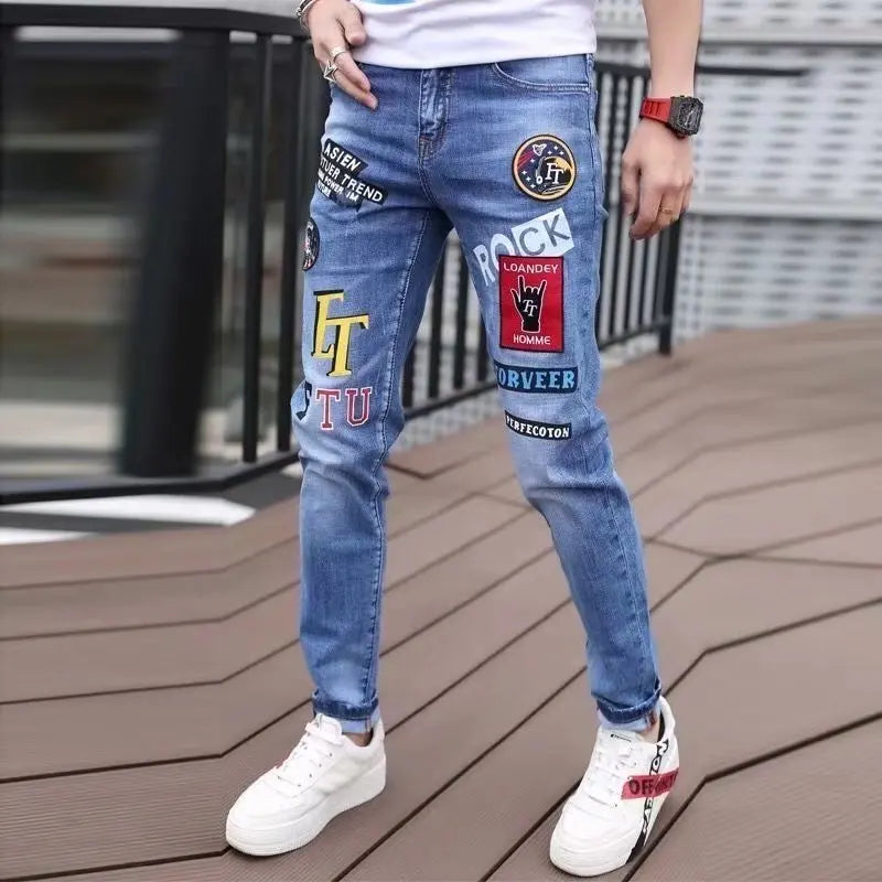 Black Jeans For Men Fashion High Street Slim Printing Denim Man Pants Autumn Stretchy Casual Biker High Quality Men's Clothing