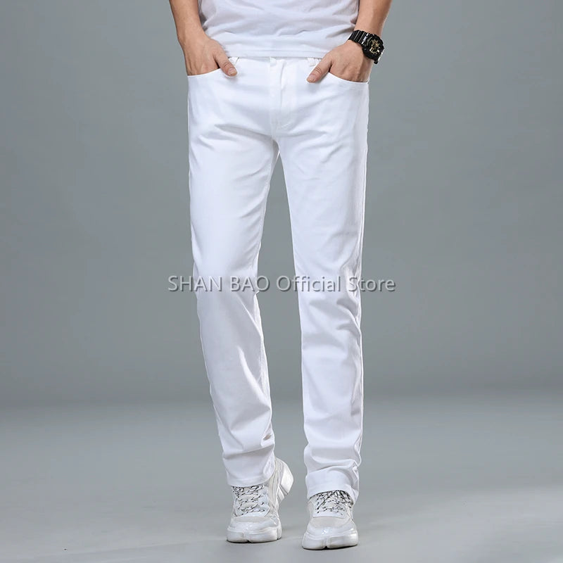 SHAN BAO Men's White Jeans 2022 Spring Summer Brand Clothing Cotton Elastic Comfortable Business Casual Lightweight Slim Jeans