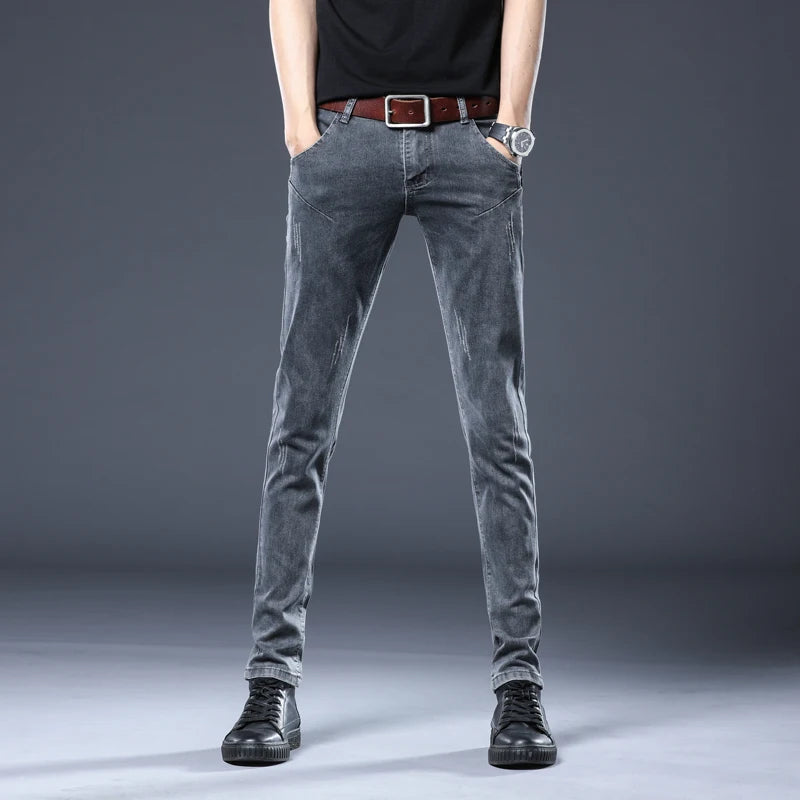 2024 New Gray Jeans Men's Slim Elastic Korean Fashion Vintage Casual Skinny Feet Male Clothing Denim Trousers 27-36