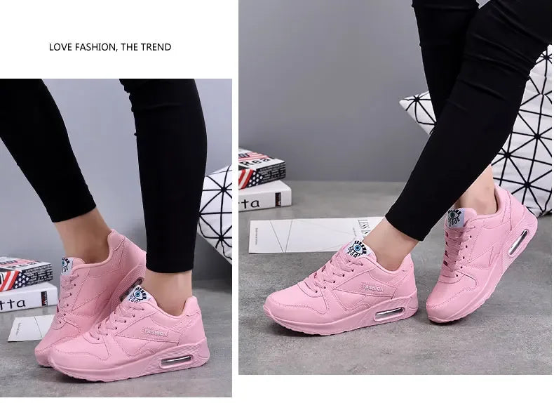 Women Fashion Sneakers Air Cushion Sports Shoes Pu Leather Blue Shoes White Pink Outdoor Walking Jogging Shoes Female Trainers