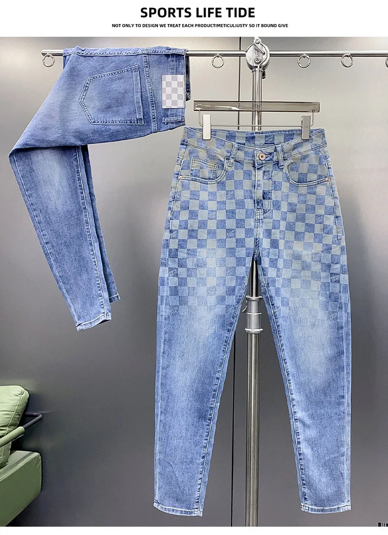 New Jeans Men'S Plaid Print Straight Fit Men'S Pants Blue Fashion Designer Casual Everything With Street Cotton Denim Pants