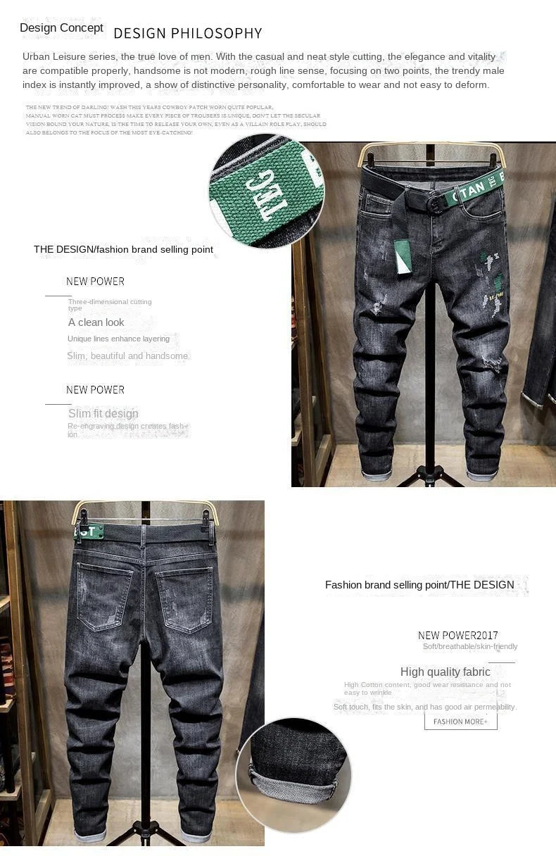 Streetwear Hip-hop Luxury Korean Style Men's Slim Fit Embroidered Casual Denim Jeans Spring and Autumn Fashion Long Pants Male