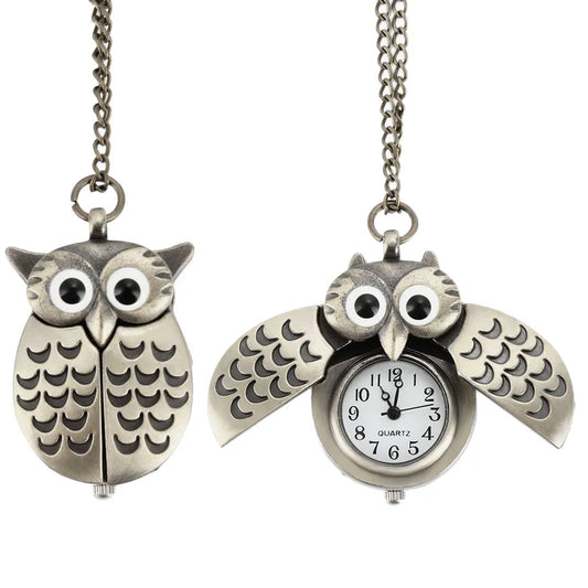 Fashion Vintage Men Women  Alloy Retro Owl Shape Clock Pendant Long Necklace Chain Watches Birthday Gifts