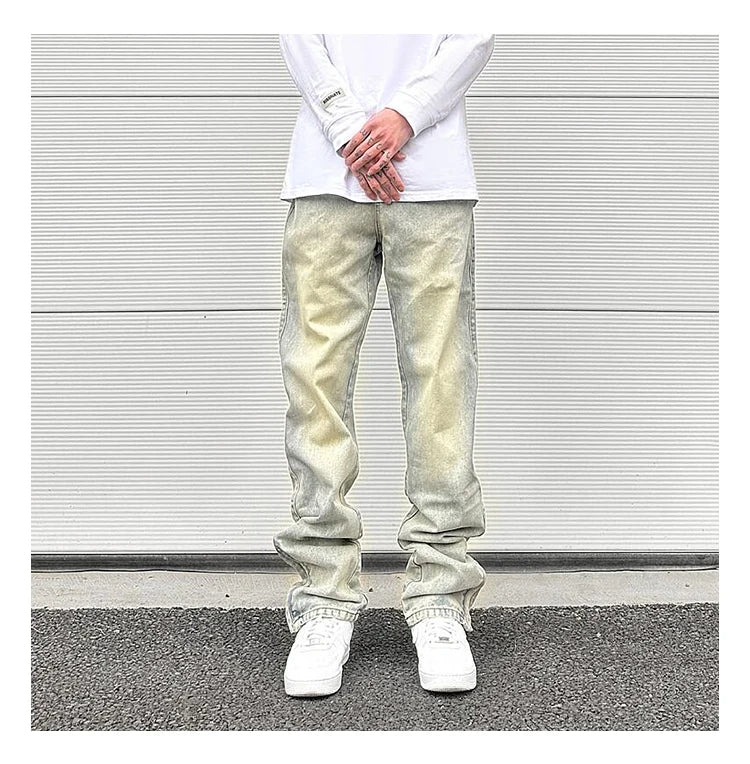 Streetwear Vibe Vintage Distressed Washed Trousers Jeans Yellow Mud Dyed Zipper Split Straight Jeans Men's and Women's Clothing