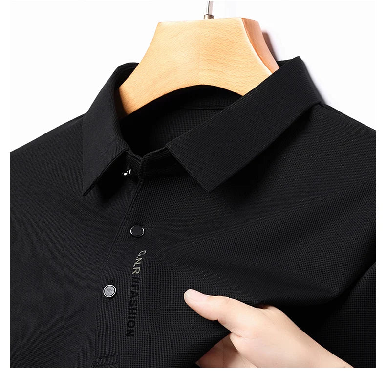 2024 Autumn New Men's Long-sleeved Polo Shirt Business Casual Slim Elastic Top Fashion Classic Solid Color Male Brand Tees