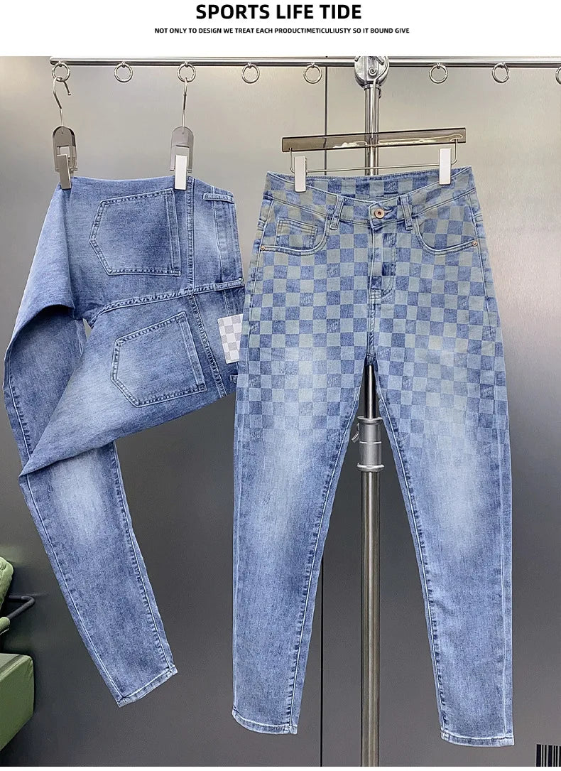 New Jeans Men'S Plaid Print Straight Fit Men'S Pants Blue Fashion Designer Casual Everything With Street Cotton Denim Pants