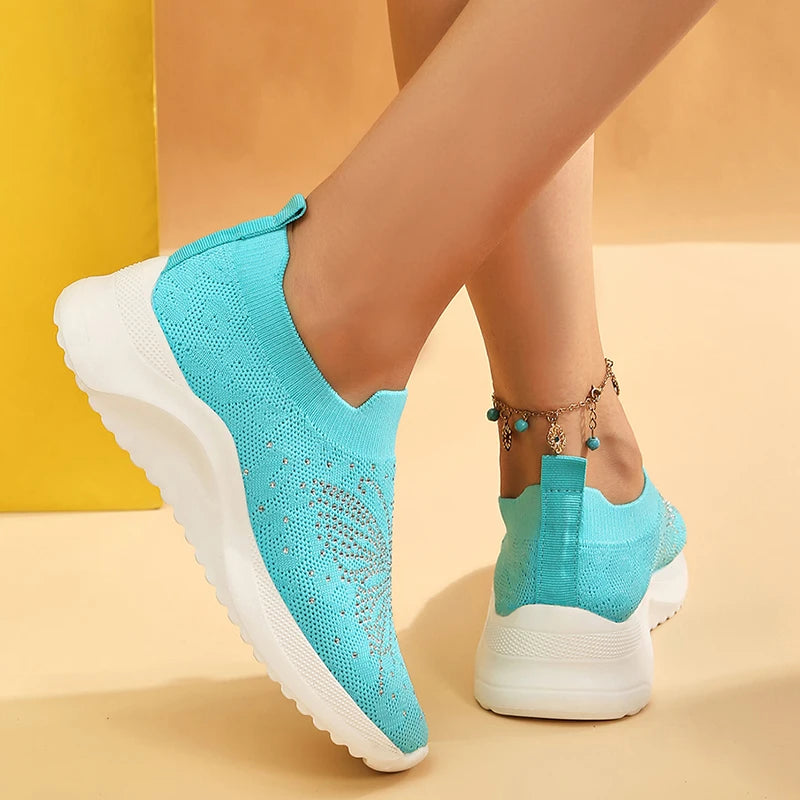 Rhinestone Butterfly Knitting Sneakers Women Platform Breathable Mesh Walking Shoes Woman Fashion Elastic Slip On Sock Sneakers