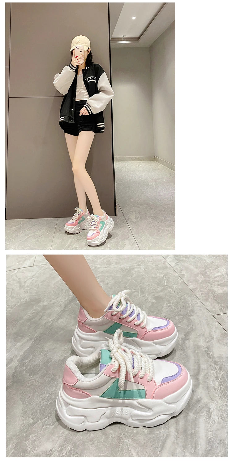 New Fashion High Platform Sneakers Women Spring Autumn Lace Up Comfort Ventilate Wedges Height Increasing Shoes Footwear