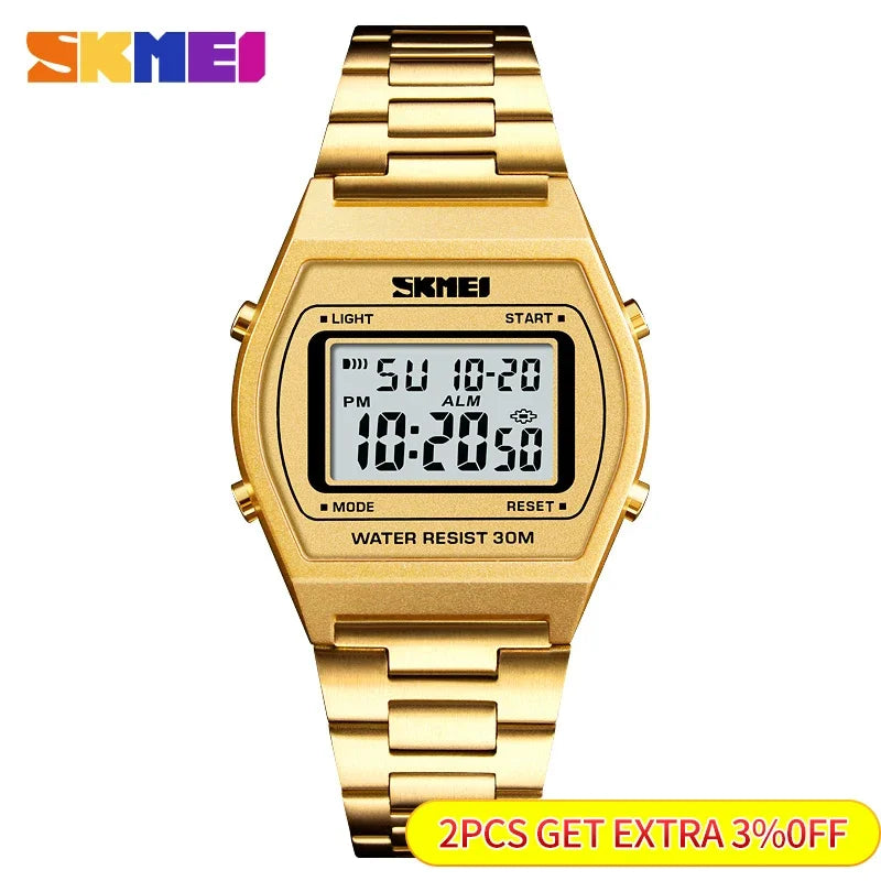 Skmei Outdoor Sport Luxury Digital Wristwatch Alloy Strap Business Watches 12/24 Hours Relogio Masculino Men Fashion Watch 1328