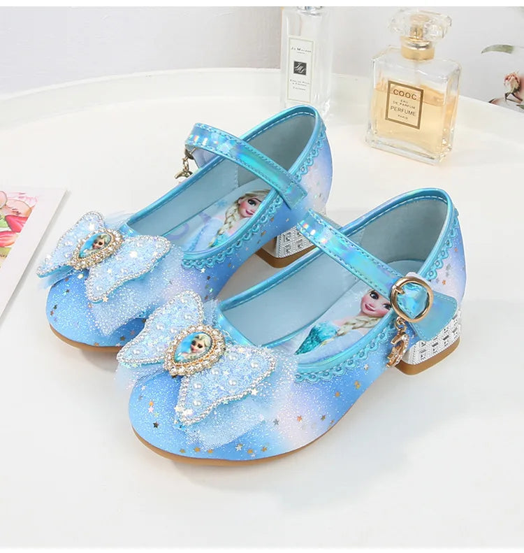 Disney Women Causal Shoes Children's High Heels Princess Elsa Girls' Shiny Rainbow Crystal Leather Pink Blue Shoes Size 23-36