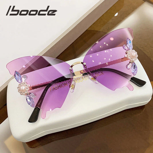 iboode Butterfly Shaped Sunglasses Diamond Frameless Sunglasses For Women Girl Exaggerat Frame Fashionable Retro Vintage Eyewear