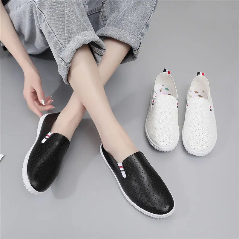 White Flats Cut-Out Woman Loafers Leather Slip on Shoes Low Heels Casual Shoes Espadrilles Ladies Shoes Women Sneakers